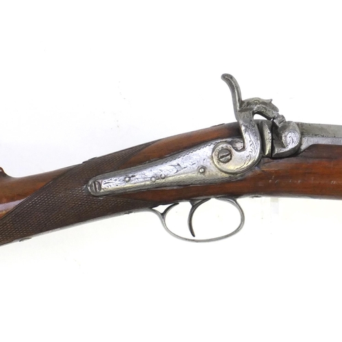 381 - 19th century percussion rifle with brass mounts and ramrod, 116cm in length