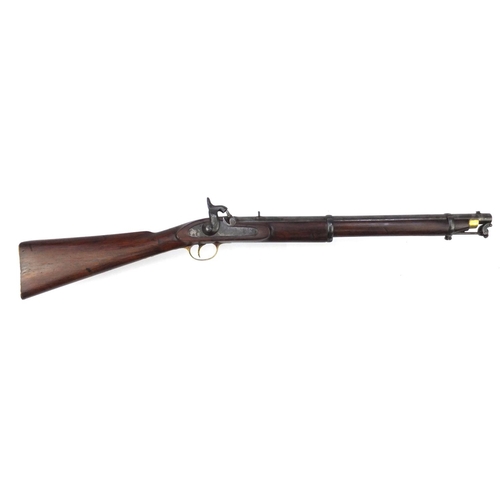 380 - 19th century two band percussion carbine with ramrod,  the stock stamped 1492, 95cm in length