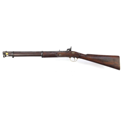 380 - 19th century two band percussion carbine with ramrod,  the stock stamped 1492, 95cm in length