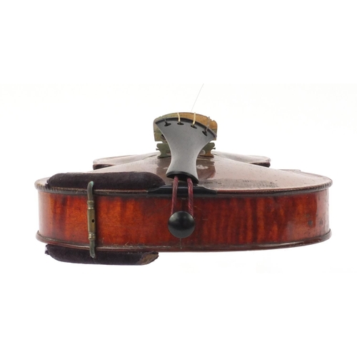 136 - Old wooden violin with bow and case, bearing a Music House paper label, the violin back 13.5inches i... 