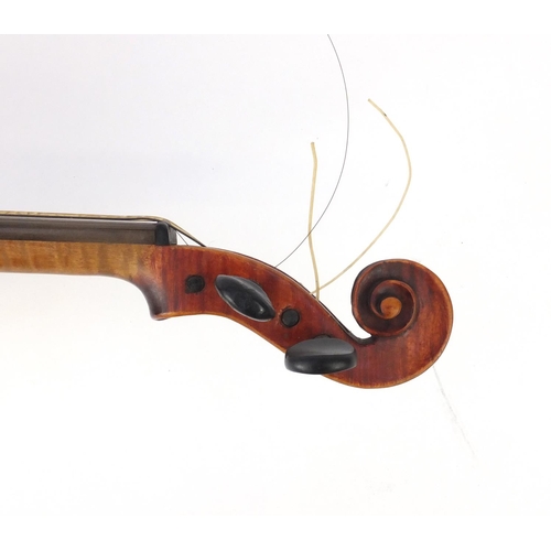 136 - Old wooden violin with bow and case, bearing a Music House paper label, the violin back 13.5inches i... 