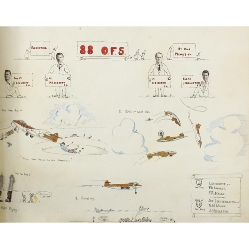 361 - Military interest 738 squadron line book, hand painted with comical caricatures and photographs, 54c... 