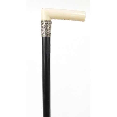 114 - Ebonised walking stick with ivory handle and silver collar, J H Birmingham 1876, 88cm in length