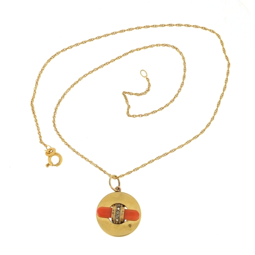 941 - Art Deco unmarked gold, diamond and coral pendant on a 14ct gold necklace, the pendant 1.8cm in diam... 