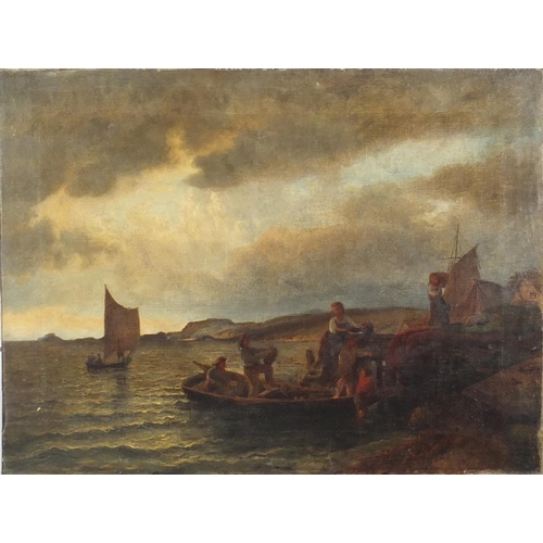 1164 - Manner of Joseph Mallard Turner - Figures on a jetty, 19th century English school oil on canvas, unf... 