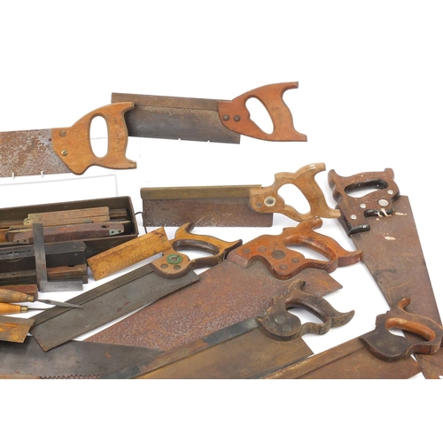 202 - Vintage wood working saws, planes, levels and chisels including Abble & Sanderson, H Groves & Sons, ... 