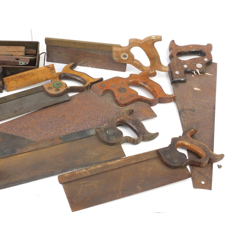 202 - Vintage wood working saws, planes, levels and chisels including Abble & Sanderson, H Groves & Sons, ... 