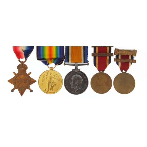 344 - British Military World War I trio, brass Mary tin and two commemorative medals, the trio awarded to ... 