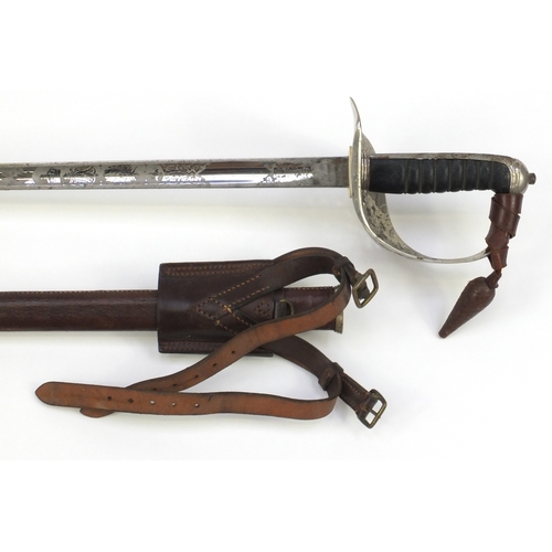 366 - Military interest George VI dress sword, with leather scabbard and etched steel blade by Pulford & S... 