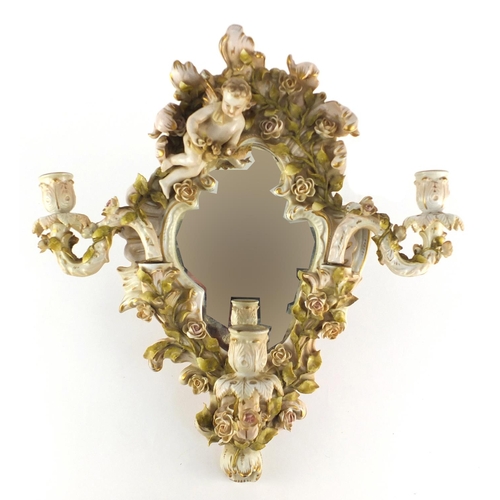 716 - 19th century German floral encrusted porcelain wall mirror by Coburg with three candle sconces, fact... 