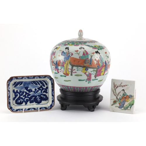 473 - Chinese porcelain including a jar on stand, hand painted in the famille rose palette with figures, r... 