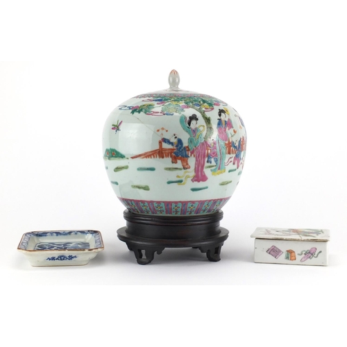 473 - Chinese porcelain including a jar on stand, hand painted in the famille rose palette with figures, r... 
