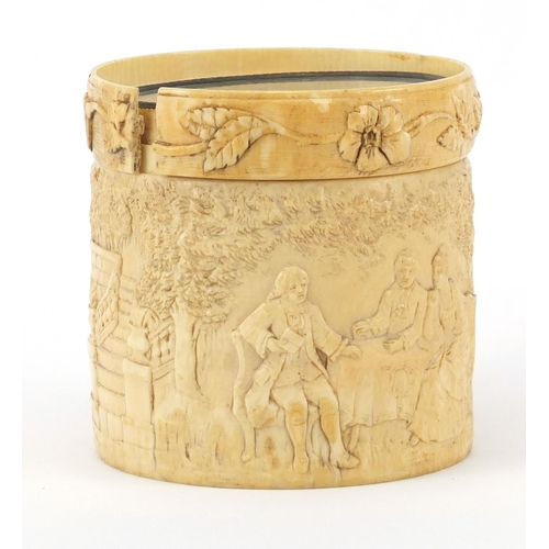 107 - 19th century French cylindrical ivory pot and cover, finely carved with three figures around a table... 