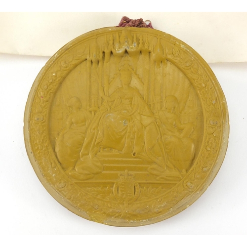 267 - Large antique wax seal attached to a vellum document, the seal 16.5cm in length