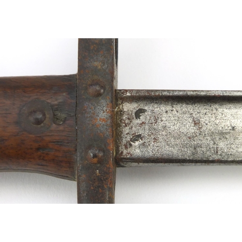 372 - French military interest long bayonet, with scabbard and impressed marks, the largest 65.5cm in leng... 