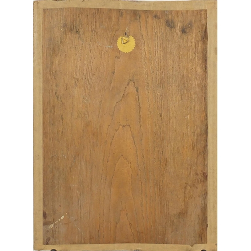 1177 - Figures by a kiln, oil on wood panel, bearing a monogram LMH, unframed, 44cm x 32cm