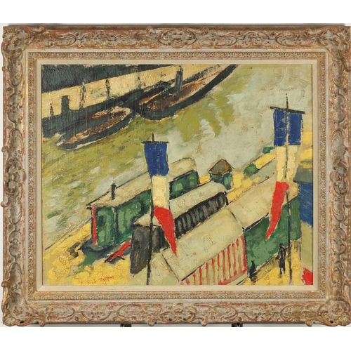 1272 - Barges and boats, port scene, continental post impressionist school oil on canvas, bearing an indist... 
