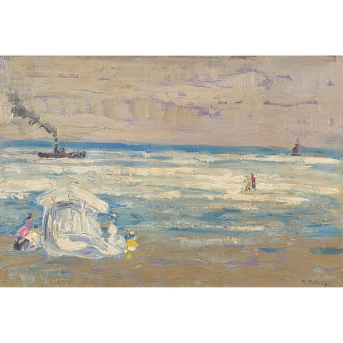 1280 - Beach scene with boats and figures, post impressionist oil on canvas, bearing an indistinct signatur... 