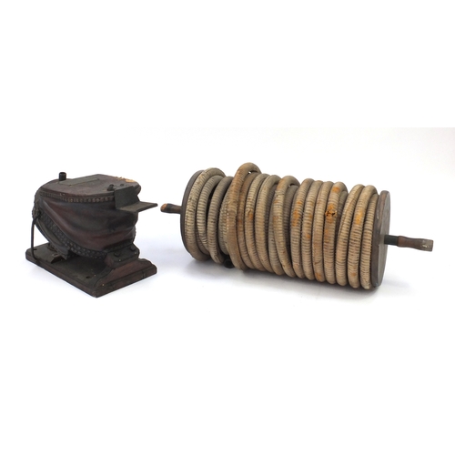 28 - 19th century oak and brown leather divers bellows with hose, the bellows with applied brass instruct... 