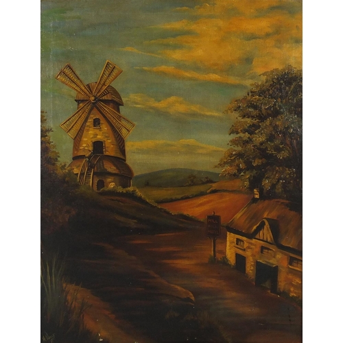 1384 - H Wells 1897 - Mill Hill Hotel before a windmill, Victorian oil on canvas, framed, 82cm x 64cm