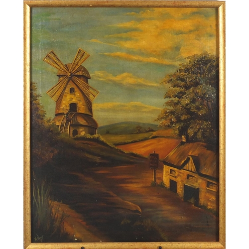 1384 - H Wells 1897 - Mill Hill Hotel before a windmill, Victorian oil on canvas, framed, 82cm x 64cm