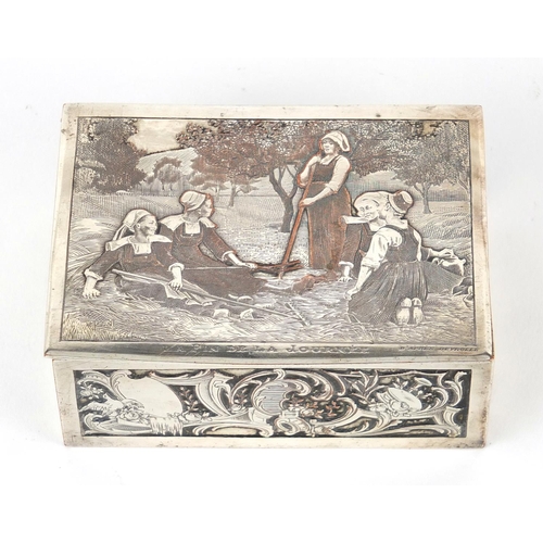 2341 - 19th century French silver plated casket, the hinged lid engraved with female farmers, 4cm H x 10cm ... 