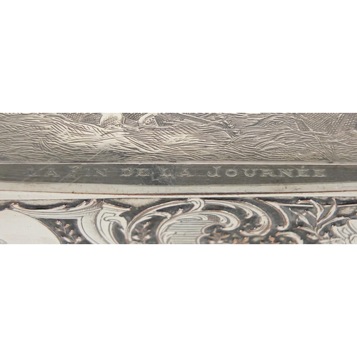 2341 - 19th century French silver plated casket, the hinged lid engraved with female farmers, 4cm H x 10cm ... 