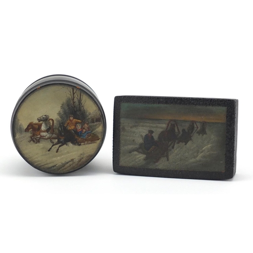 2820 - Two 19th Russian papier-mâché boxes, each lid hand painted with figures sledging, the tobacco box wi... 
