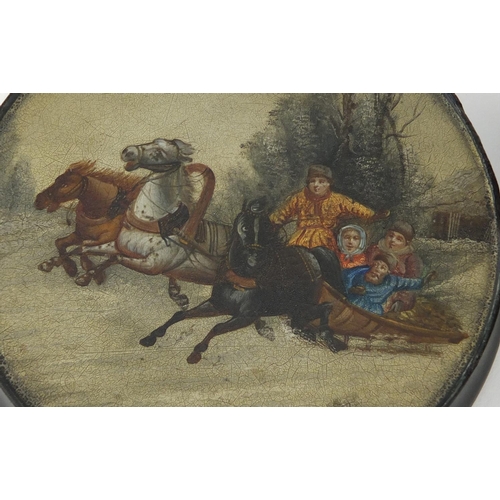 2820 - Two 19th Russian papier-mâché boxes, each lid hand painted with figures sledging, the tobacco box wi... 
