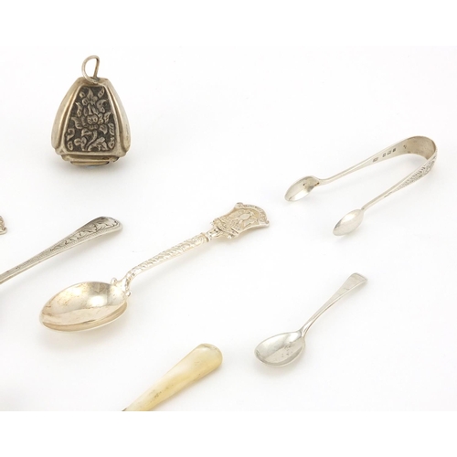 2873 - Silver items comprising three pairs of sugar tongs, three teaspoons, mustard spoons, pickle fork and... 