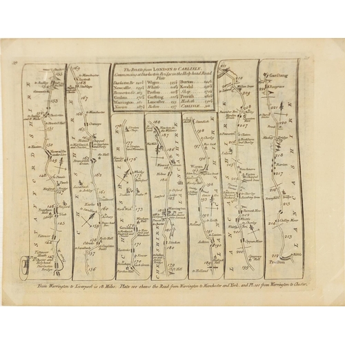 869 - Antique map of Lancashire and two road plans, The Road from London to Carlisle and The Road from Yor... 