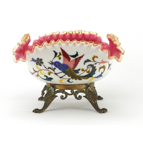 2425 - 19th century opaline glass centre piece on bronzed stand, hand painted with birds amongst flowers, 1... 