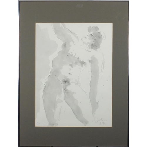 2445 - Inge Clayton - Standing nude male, pencil signed print, limited edition 25/100, receipt verso, mount... 