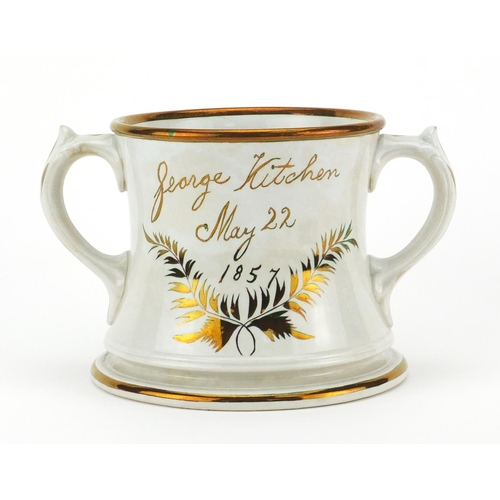 2437 - Victorian porcelain frog mug with twin handles, inscribed George Kitchen May 22nd 1857, 13.5cm high