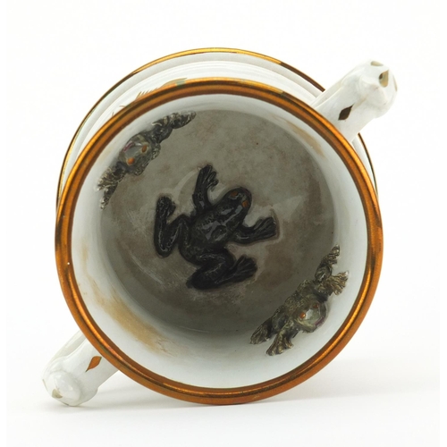 2437 - Victorian porcelain frog mug with twin handles, inscribed George Kitchen May 22nd 1857, 13.5cm high