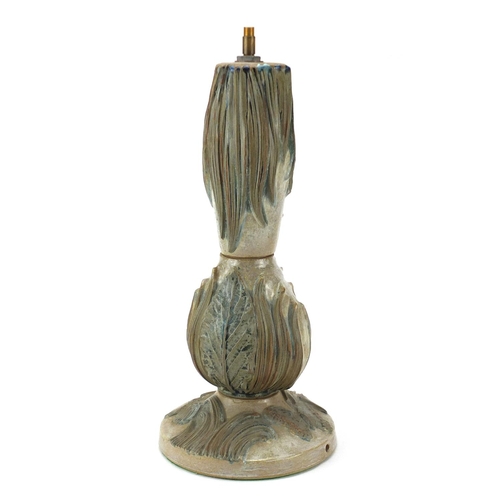 2409 - Large Bernard Rooke studio pottery lamp base, decorated in relief with butterflies, 49cm high
