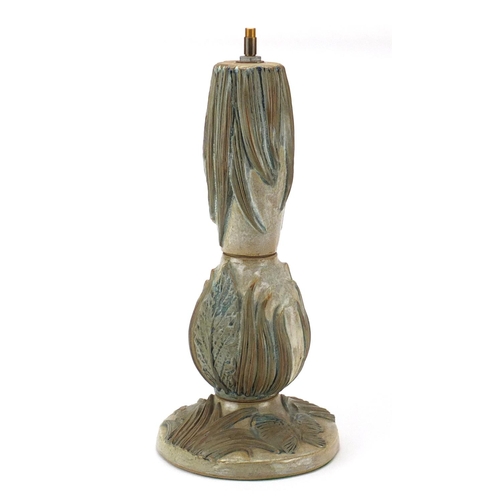 2409 - Large Bernard Rooke studio pottery lamp base, decorated in relief with butterflies, 49cm high