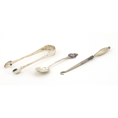 2879 - Pair of Georgian silver sugar tongs, silver enamel Royal Mail Steam Packet Co teaspoon and silver ha... 