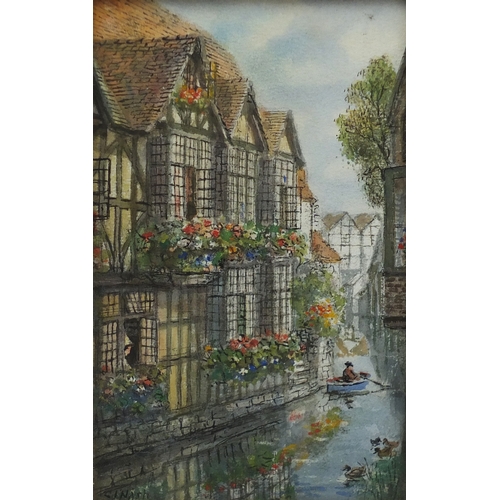 1212 - S J Toby Nash - Gardens before a cathedral and figure in a boat, near pair of watercolours, framed, ... 