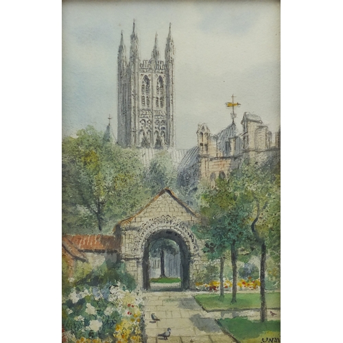 1212 - S J Toby Nash - Gardens before a cathedral and figure in a boat, near pair of watercolours, framed, ... 