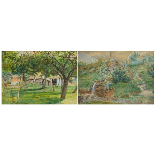 1381 - Attributed to Paul Jacob Naftel - Waterfall in a garden and out buildings, pair of 19th century wate... 