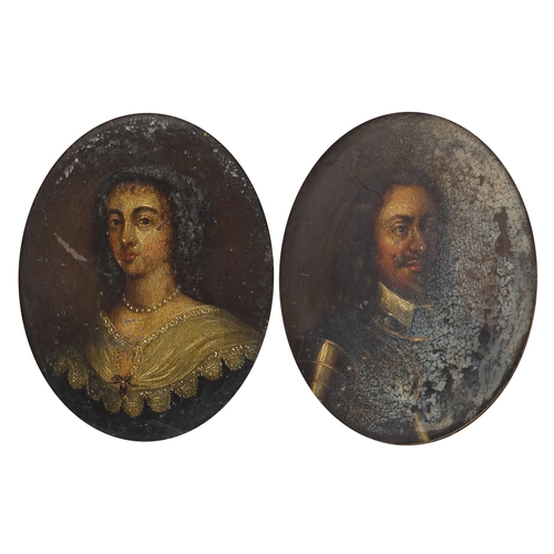 1166 - Charles I and Henrietta Maria of France, pair of 17th century oil on copper panel head and shoulder ... 