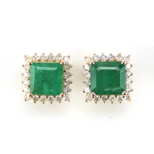 932 - Pair of 14ct gold emerald and diamond earrings, 9mm x 9mm, approximate weight 3.4g