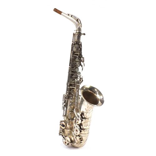 134 - Vintage French silver plated saxophone by Henri Selmer, with mouth piece and case, serial number 215... 