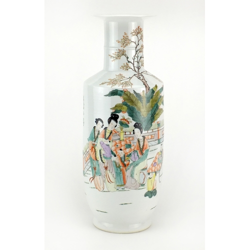 388 - Chinese porcelain Rouleau vase, finely hand painted in the famille rose palette with figures, childr... 