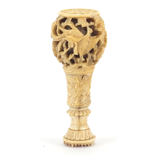 519 - Good Chinese carved Canton ivory desk seal, the reticulated handle finely carved with a phoenix amon... 