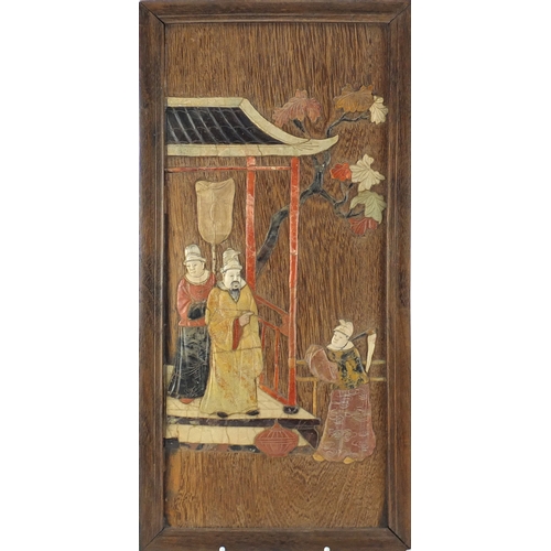 558a - Pair of Chinese hardwood and soapstone panels, each depicting and Emperor, each 44cm x 21cm