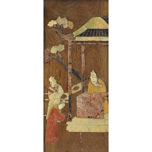 558a - Pair of Chinese hardwood and soapstone panels, each depicting and Emperor, each 44cm x 21cm