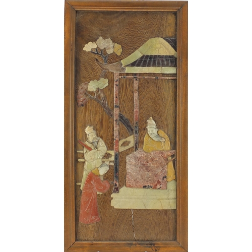 558a - Pair of Chinese hardwood and soapstone panels, each depicting and Emperor, each 44cm x 21cm