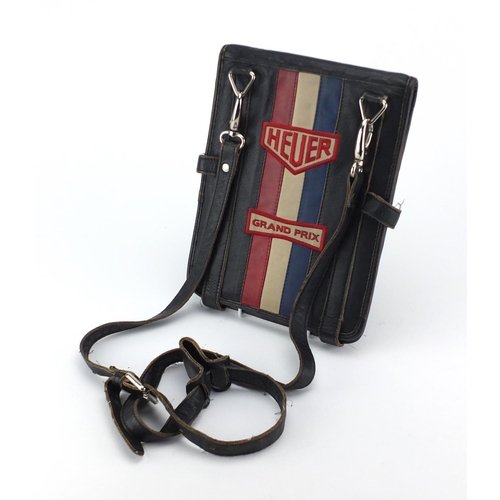 2703 - Vintage Heuer grand Prix leather shoulder case, 26.5cm  H x 20.5cm W